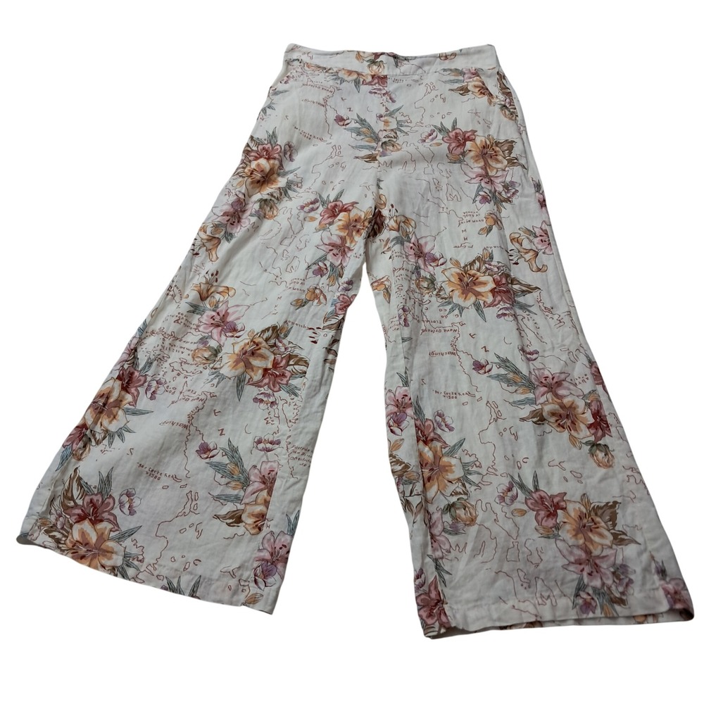 Calypso St Barth Pants Womens Small Ivory Floral Map Linen Rayon Wide Leg Crop